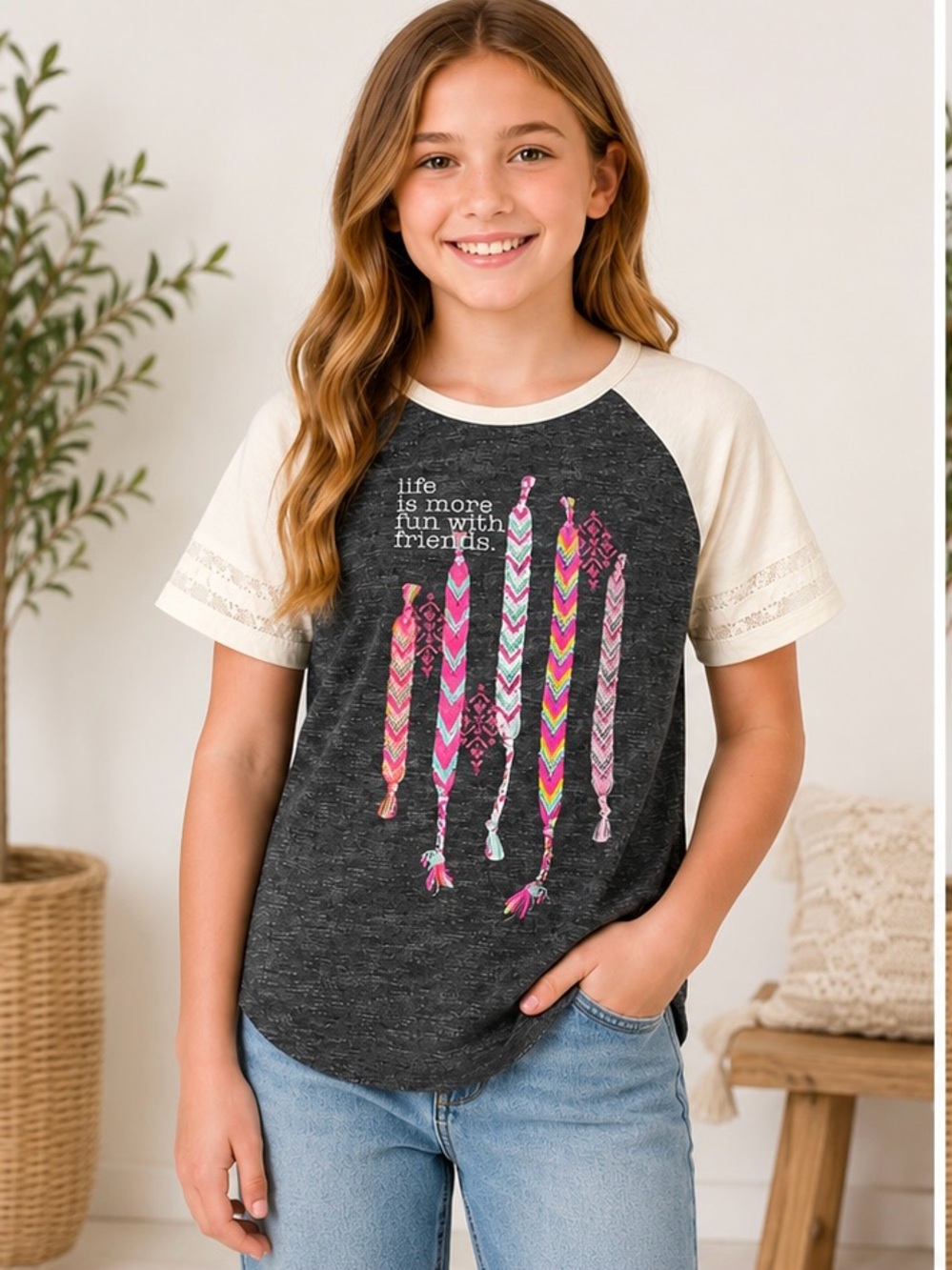 Kids Raglan Tee with Friendship Bracelet Graphic - Cream & Charcoal
